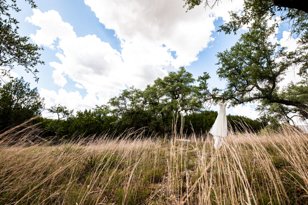 Allegro countryside wedding dress hanging from an oak tree. Wind blowing through grass on a partly cloudy day.